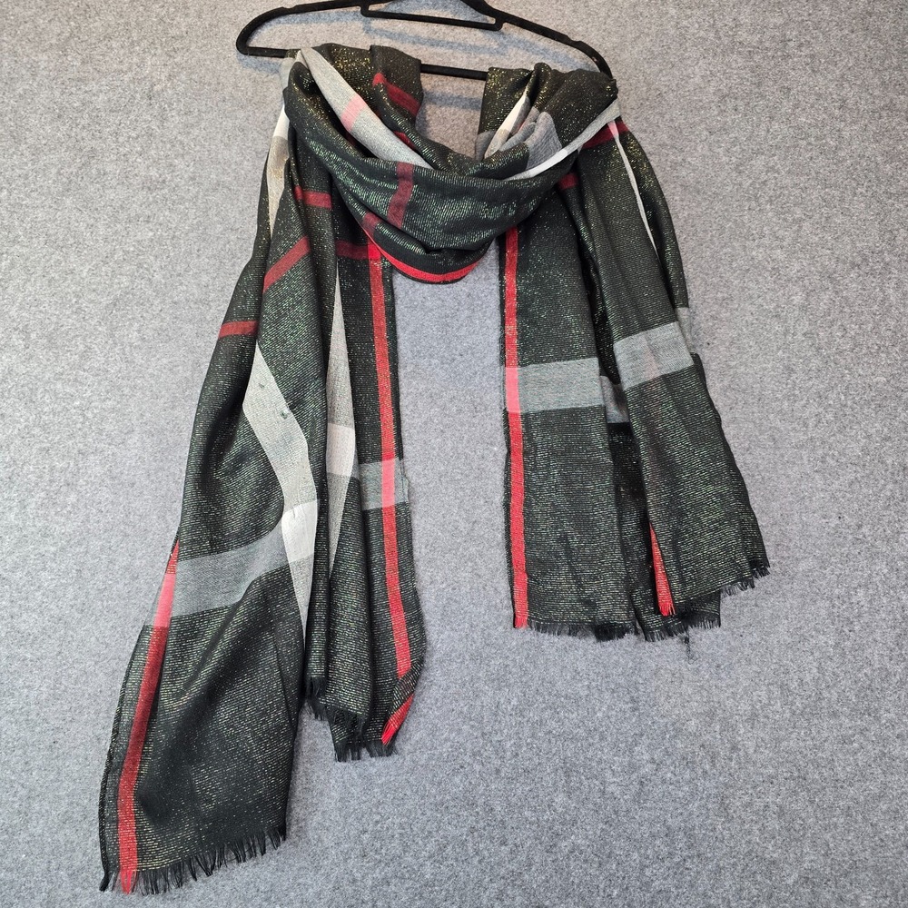 Scarf Wrap Womens Black Red Gray Plaid Gold Metallic Shimmer Woven Fringe